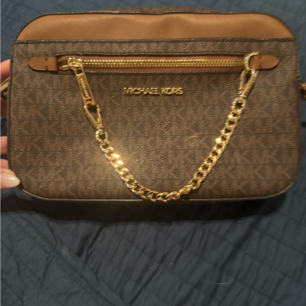 Michael Kors Brown Mk Logo Crossbody With Gold Chain Accent